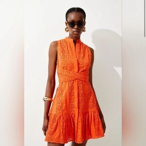 Karen Millen Broderie Wrap Detail Mini Dress in orange red, 2